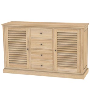 Massivholz Sideboard aus zertifiziertem Teakholz mit 2 Schwingtueren und 4 Schubladen in der Mitte