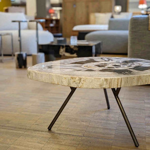 Versteinertes Holz, petrified wood Tischplatte auf schlankem, schwarzem Metall Gestell