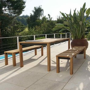 Gartentisch mit Gartenbank Livorno aus recyceltem Teak Massivholz, Gartenmoebel mit schwarzem Metallrahmen, Factory Style, modern, robust, Moebel in vielen Massen aus der Moebel Kolonie Muenchen, Garten Moebel vom Spezialisten, Wohnen wie im Urlaub Muenchen