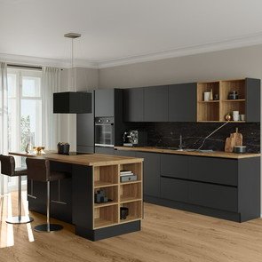 Planungsküche aufgebaut im Raum mit Küchenisel und technischen Geräten von Miele