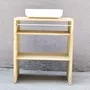 Front Ansicht vom Massivholz Teak WaschTisch, luftiges, leichtes Badezimmer Moebel aus Edleholz Teak traditionell vom Schreiner in unserer Manufaktur gefertigt, puristischer Style mit Aufsatz Waschbecken und Metallstange als Handtuchhalter, Massivholz Moebel nach Mass Muenchen