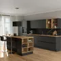 Planungsküche Ambiente in schwarzer Küchenfront und Naturholz Arbeitsplatte